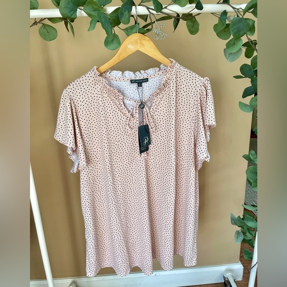 ADRIANNA PAPELL NWT frilly polka dot blouse pink 2X tie front stretchy comfort - Picture 2 of 7
